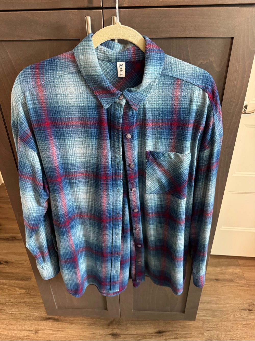 bp Men's Blue and Red Plaid Button-Down Shirt